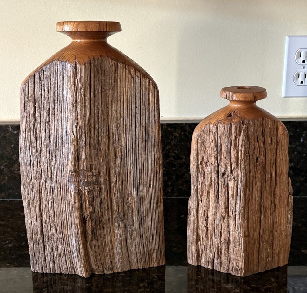 Set of 2 Handcrafted Bark Wooden Vases Turned Wood Bud Vases